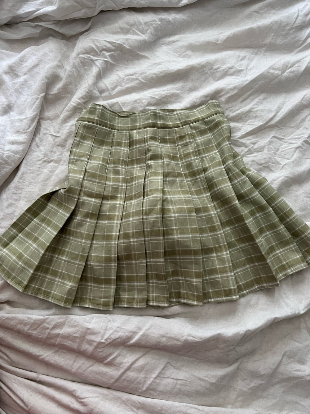 Vintage Olive Green Plaid Pleated Mini Skirt